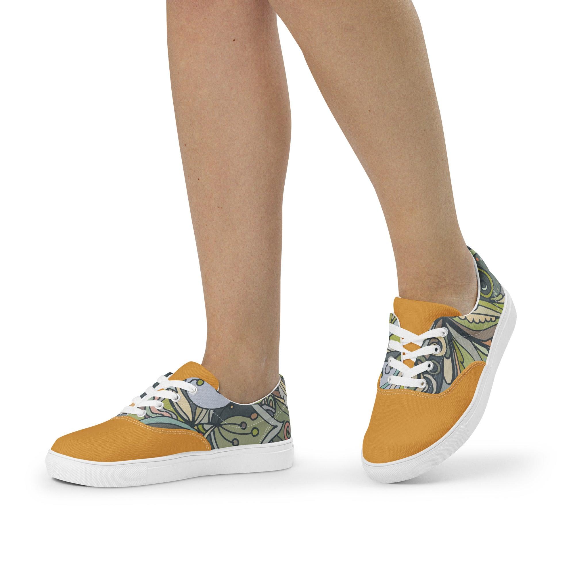 Jana Lace Up Women's Canvas Sneakers - Kaleidoscope Paisley Print Wild Funky Retro Swirls Bold Vibrant Fun Tie Shoes Pattern Mix Solid Yellow Blissfully Brand