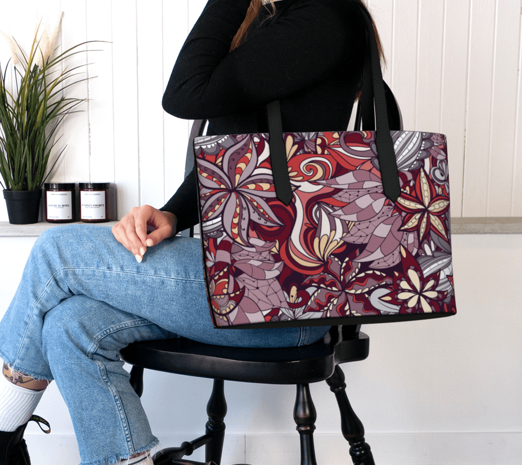 Biei Vegan Pebble Leather Large Tote Bag - Abstract Paisley Floral Retro Red Pink Orange Bold Psychedelic Swirls Multicolor Carry All Magnetic Closure Pockets Lined Shoulder