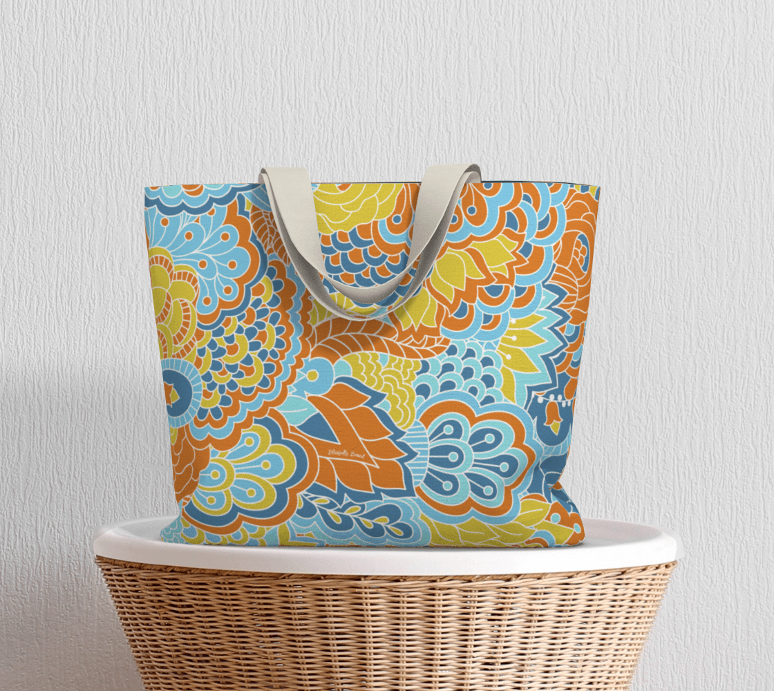 Pinsa Canvas Carry All Tote Bag - Flower Power Paisley Retro Funky Floral Blue Orange Yellow Vibrant