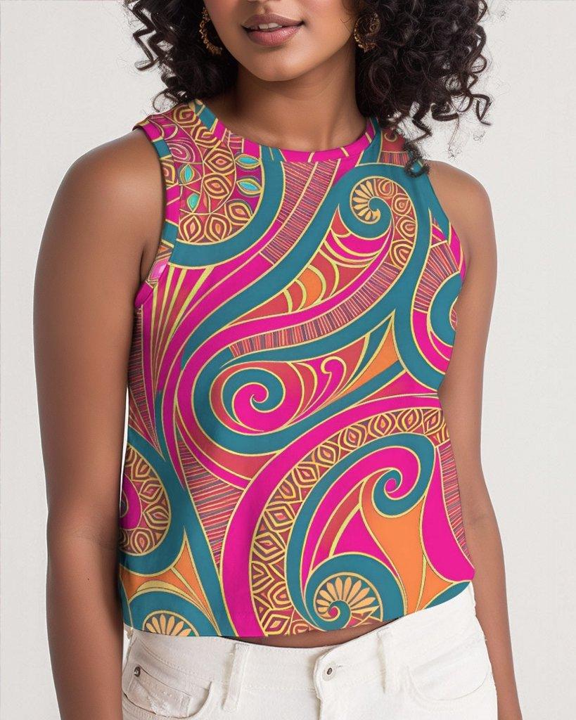 Doces Cropped Tank Top - Abstract Swirl Pink Print Green Orange Retro Paisley Funky Bold Vibrant Crop Sleeveless