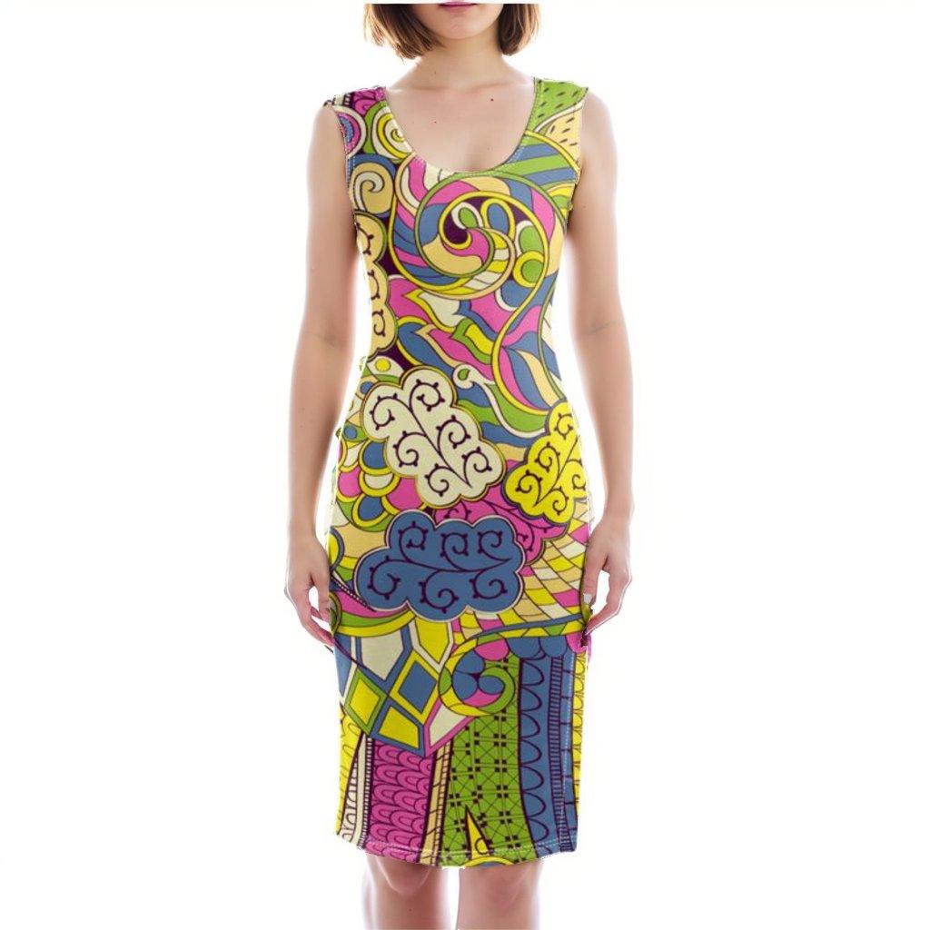 Suki Bodycon Midi Dress - Fitted Contour - Psychedelic Abstract Paisley Boho Print - Vibrant Retro Dress - Bold - Multicolor