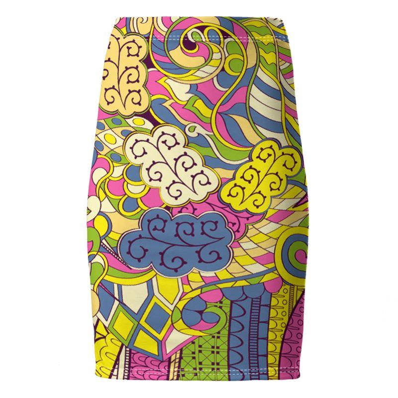 Suki Pencil Skirt - Psychedelic Abstract Retro Paisley Floral Boho Print - Made in England