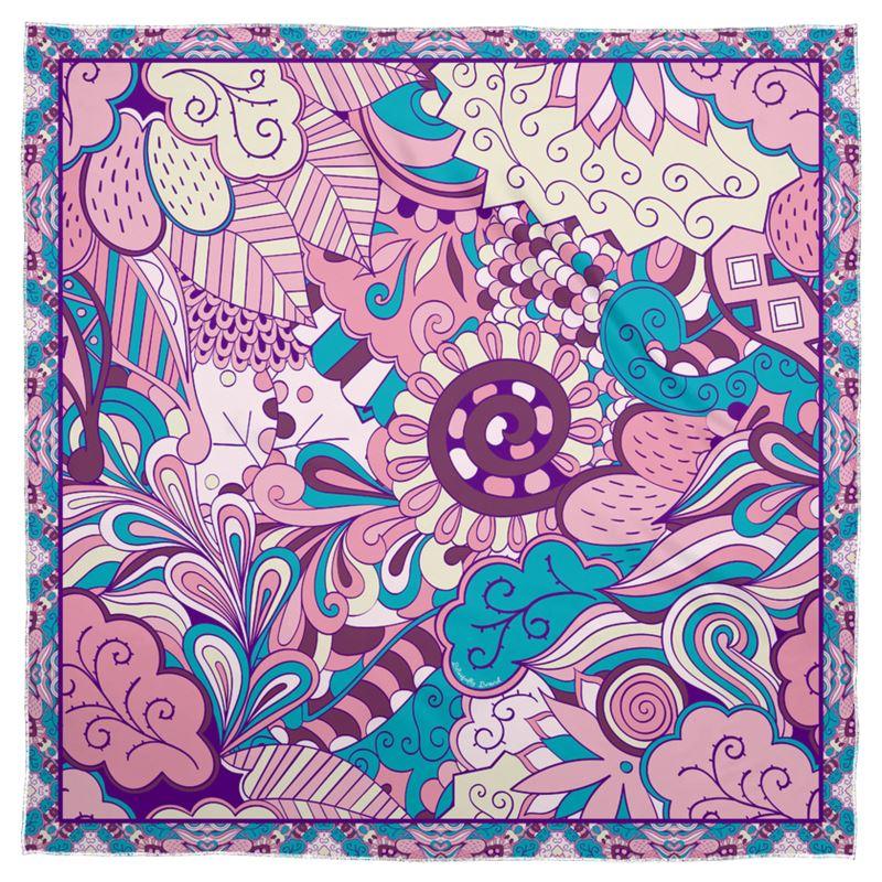 Antina Satin Real Silk Scarf - Abstract Kaleidoscope Paisley Floral Print - Violet Pink - Boho - Bohemian - Psychedelic Retro - Handmade
