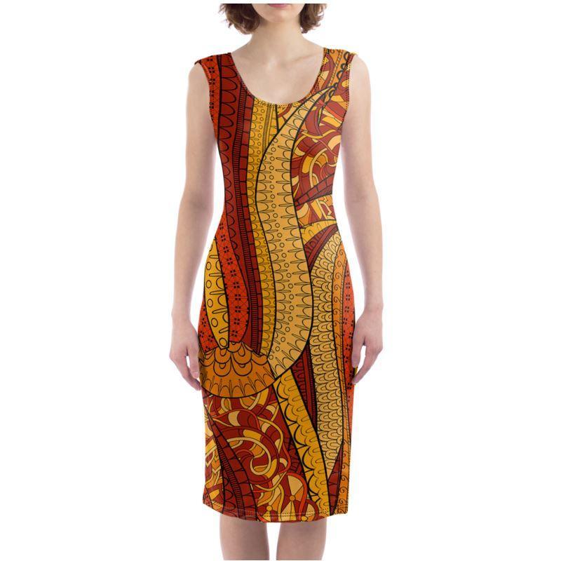 Ame Split Leg Bodycon Midi Dress - Abstract Orange Kaleidoscope All Over Print - Retro - Psychedelic - Bold & Vibrant - Handmade in England - Blissfully Brand- Side Slit - Body Contour - Plus Size