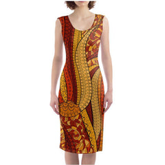 Ame Split Leg Bodycon Midi Dress - Abstract Orange Kaleidoscope All Over Print - Retro - Psychedelic - Bold & Vibrant - Handmade in England - Blissfully Brand- Side Slit - Body Contour - Plus Size