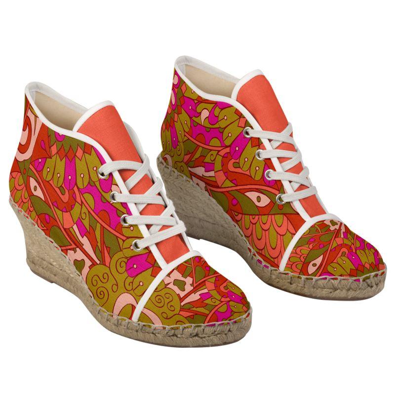 Mina Wedge Jute Espadrilles - Kaleidoscope Print in Orange - Toddy Yellow - Red