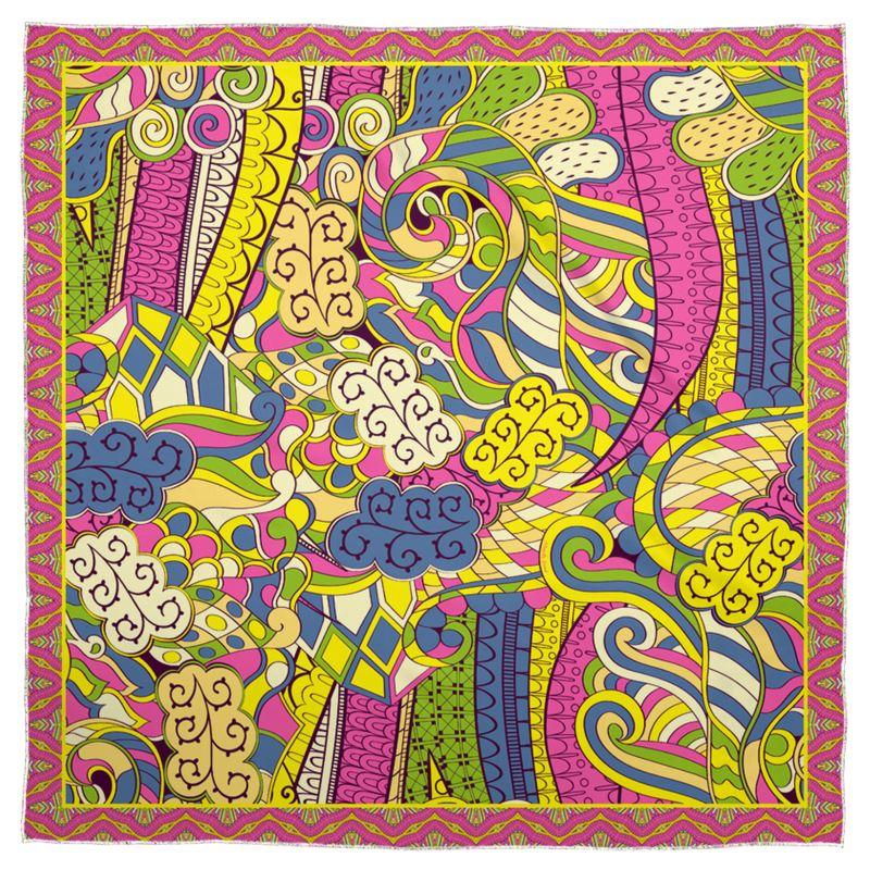 Suki Real Silk Scarf - Abstract Kaleidoscope Paisley Floral Print - Green Violet - Boho - Bohemian - Psychedelic Retro - Handmade - Mandala Mehndi