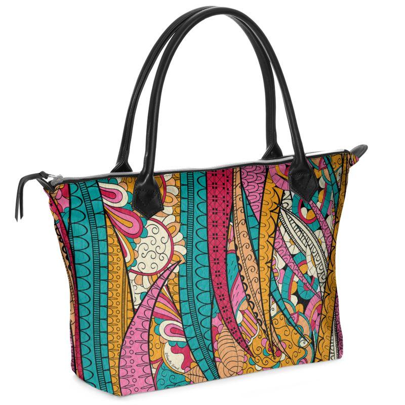 Taki Zip-Top Leather Bag - Hand & Shoulder - Abstract Geometric Multi-color Print