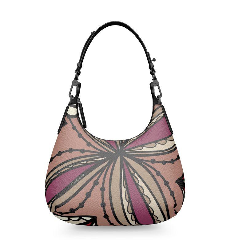 Unia Small Textured Leather Curved Hand  Shoulder Bag - Abstract Floral Print in Brown & Violet - Boho - Handmade