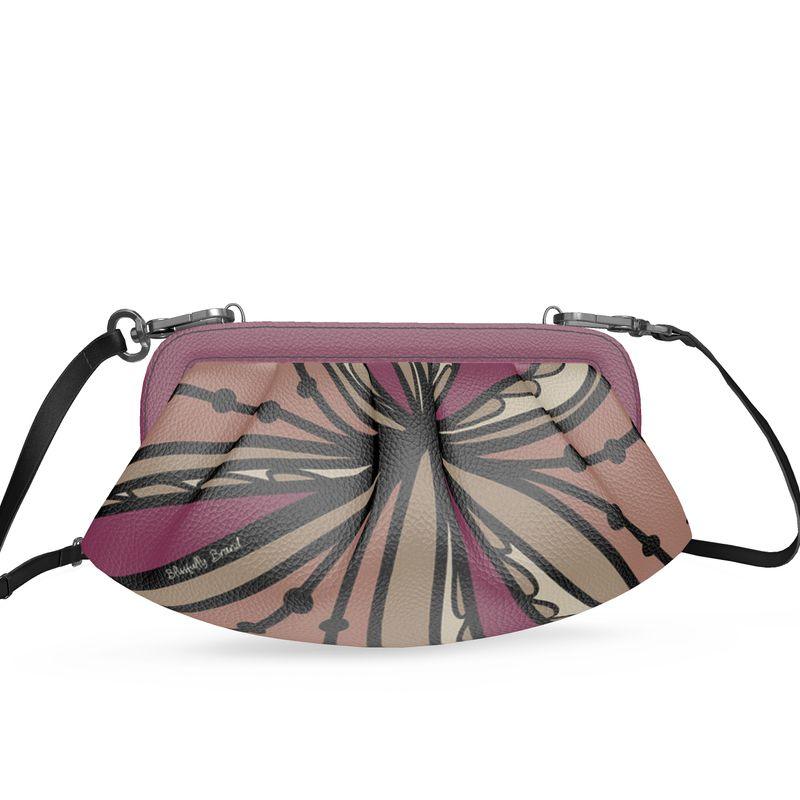 Unia Small Pleated Frame Shoulder Hand Leather Bag Clutch Purse - All Over Print - Abstract Floral - Crossbody - Retro - Boho - Violet Brown