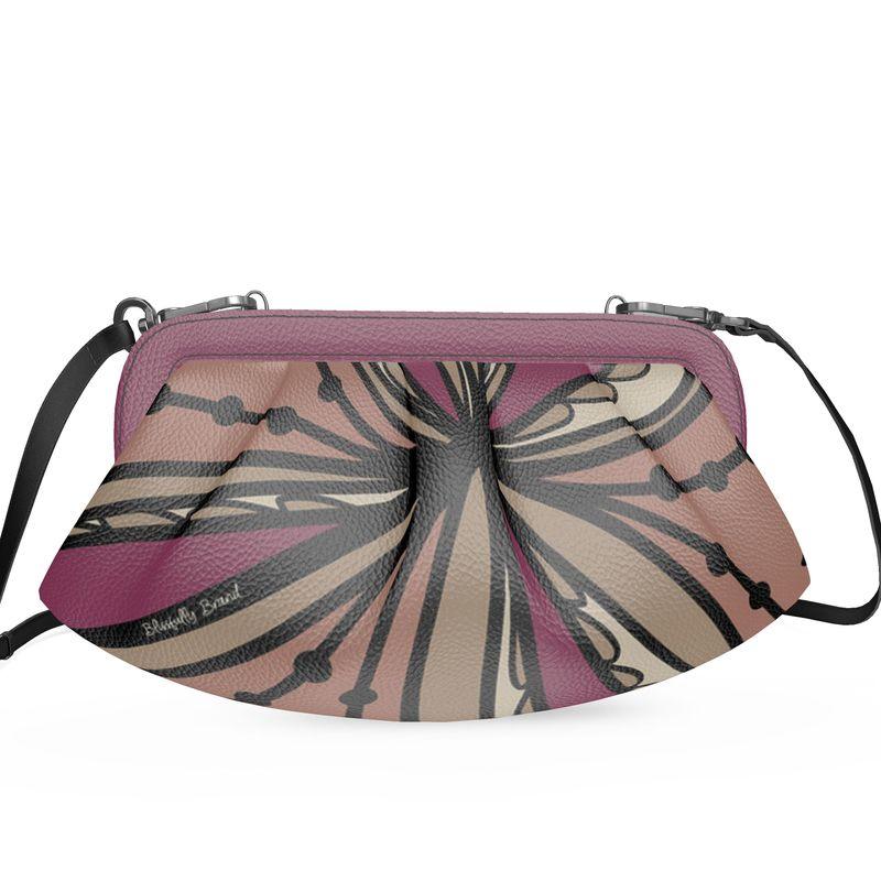 Unia Large Pleated Frame Shoulder Hand Leather Bag Clutch Purse - All Over Print - Abstract Floral - Crossbody - Retro - Boho - Violet Brown
