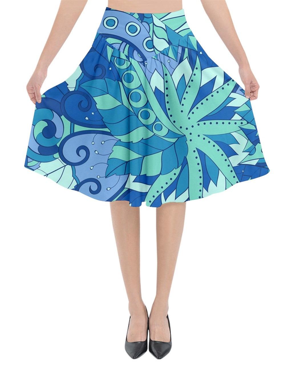 Lani Flared Midi Skirt - Blue Kaleidoscope Geo  Floral Print