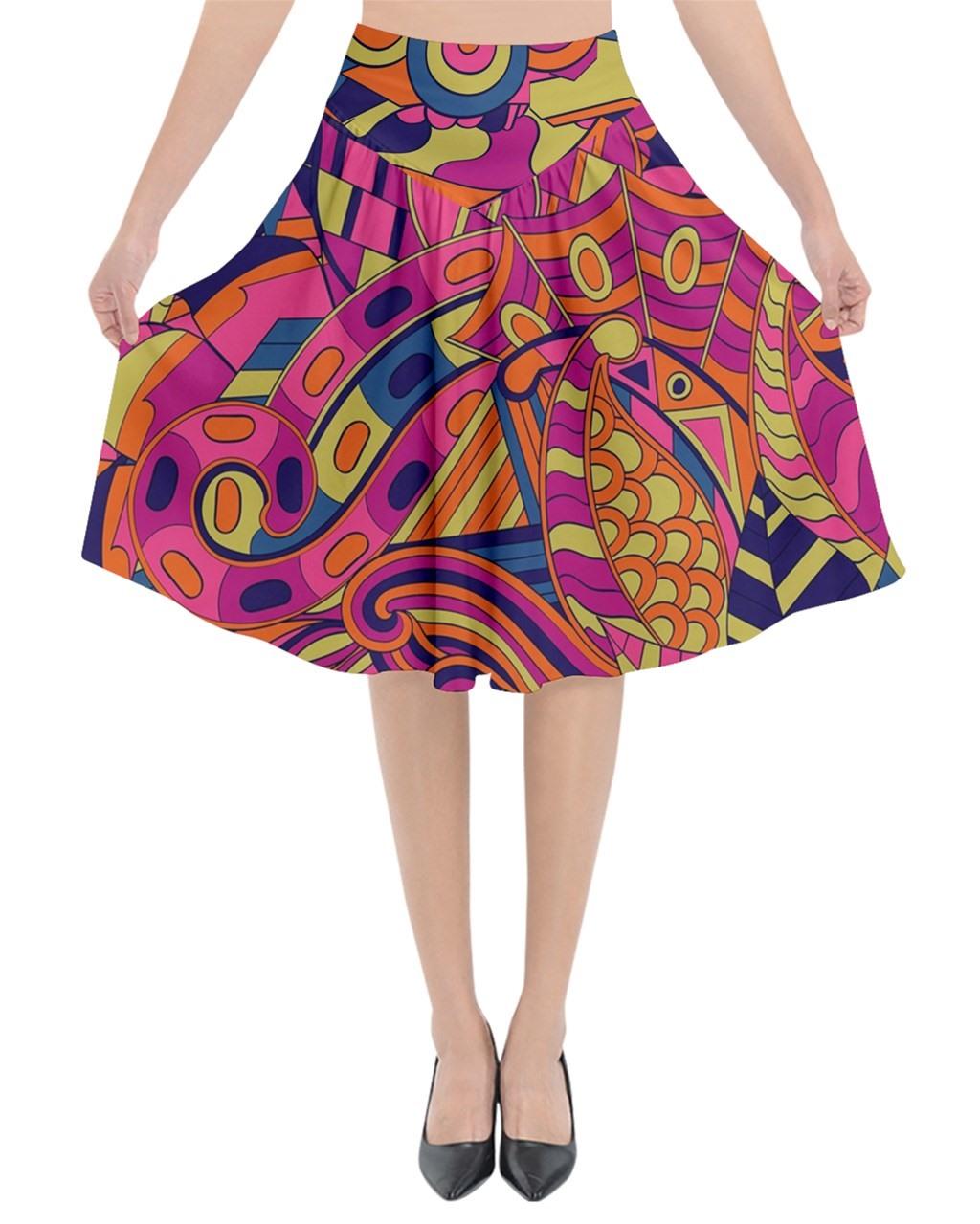Lina Flared Midi Skirt - Pink Orange Blue Retro Psychedelic Geometric Print