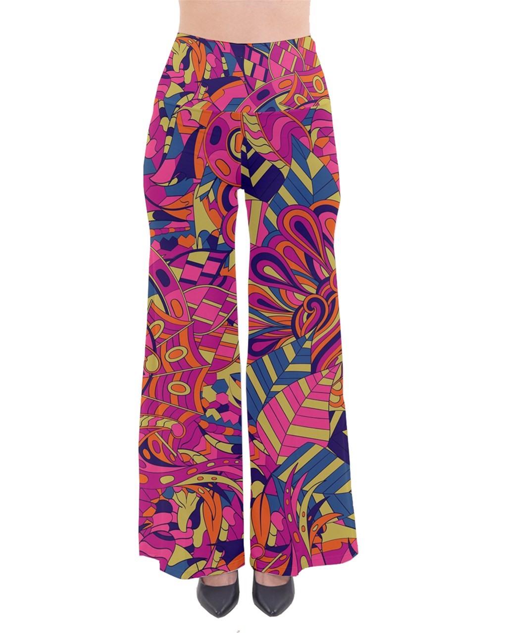 Lina High Waisted Palazzo Pants - Psychedelic Retro Pink Orange Abstract Geometric  Print 