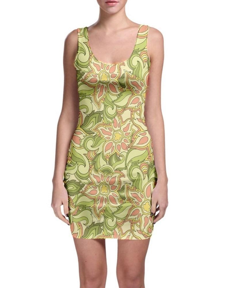 Aloe Sleeveless Bodycon Dress - Scoop Neck & Abstract Green Floral Print