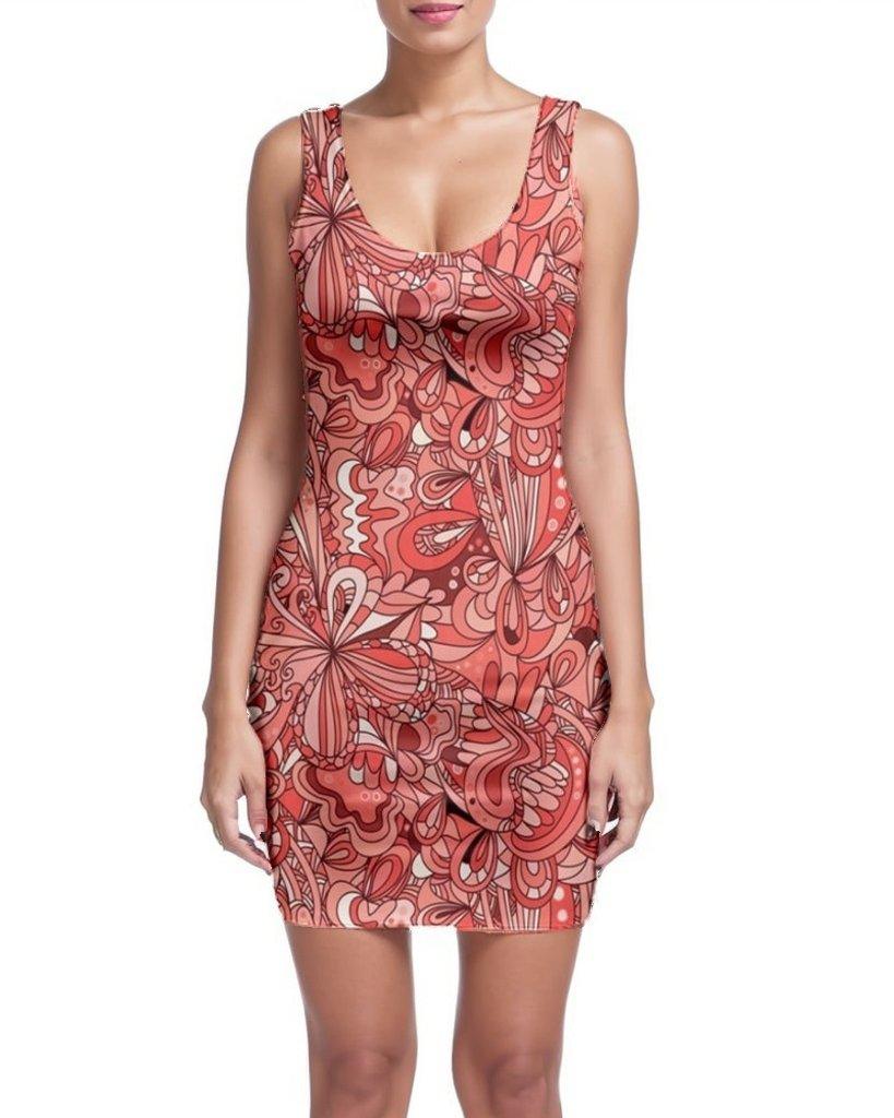 Citra Sleeveless Bodycon Dress - Scoop Neck - Abstract Kaleidoscope Floral Pink & Red