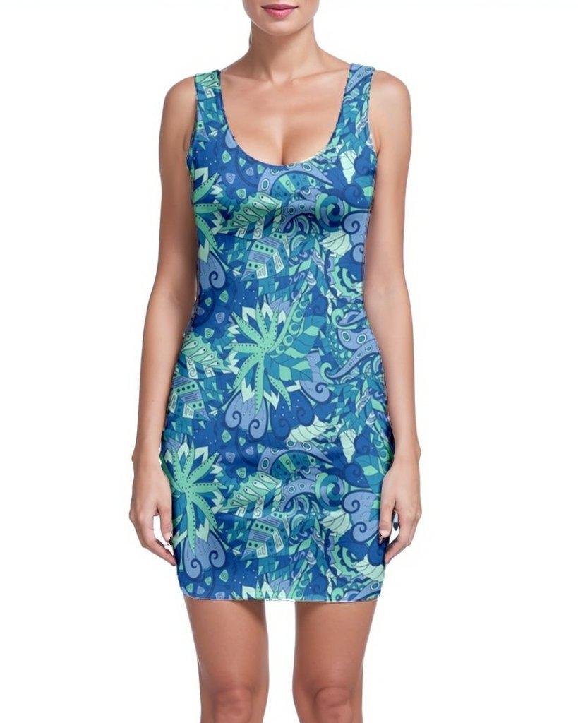 Lani Sleeveless Bodycon Dress - Scoop Neck - Blue Abstract Kaleidocope Floral Print