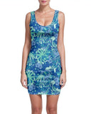 Lani Sleeveless Bodycon Dress - Scoop Neck - Blue Abstract Kaleidocope Floral Print