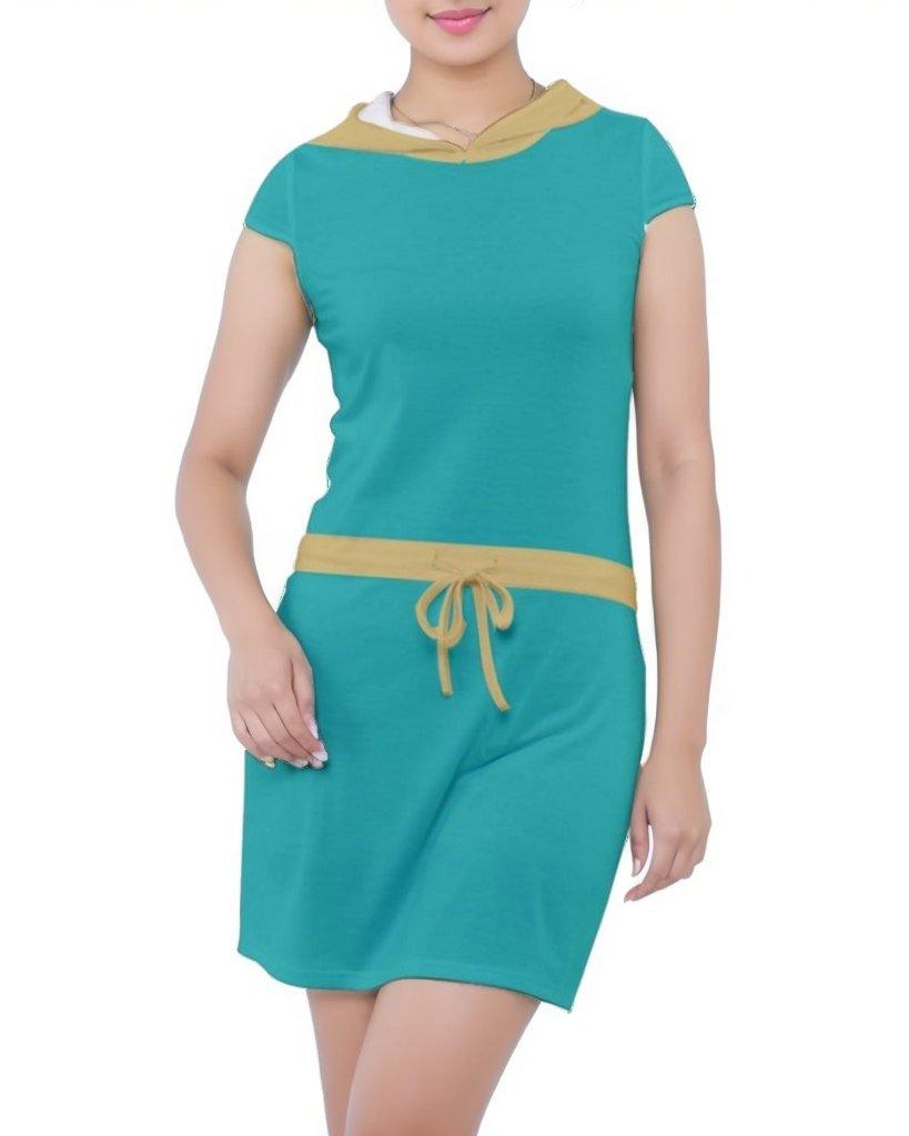 Masu Color Block Green & Orange Hoodie Mini Dress - Tie Waist - Cotton Spandex