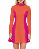 Mina Velour High Neck Long Sleeve Skater Longline Panel Mini Dress - Orange - Rose Red Color Block