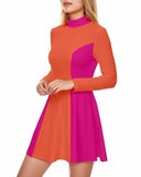 Mina Velour High Neck Long Sleeve Skater Longline Panel Retro Dress - Orange - Rose Red Color Block 