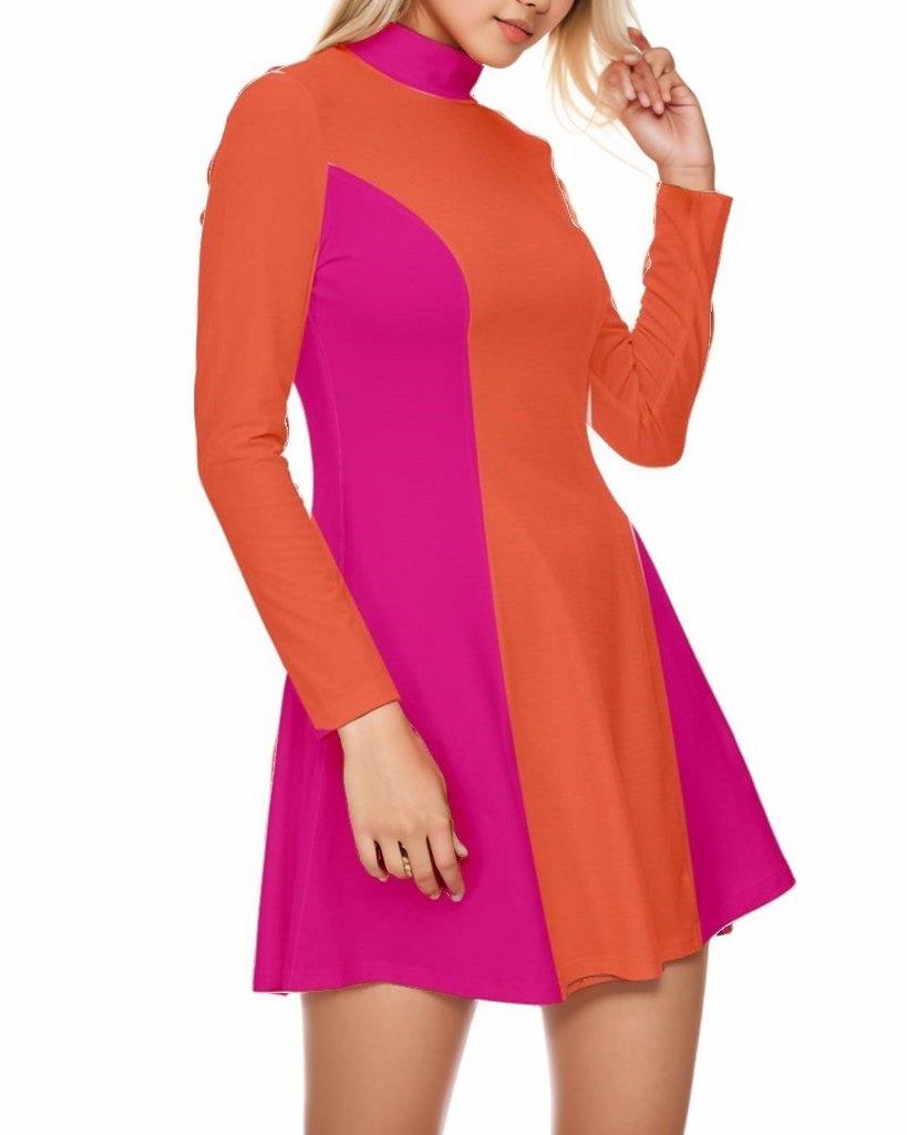 Mina Velour High Neck Long Sleeve Skater Longline Panel Mini Dress - Orange - Rose Red Color Block
