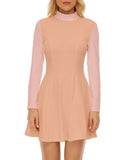 Keki Velour High Neck Long Sleeve Flare Mini Dress - Color Block Retro Orange Pink - Turtleneck