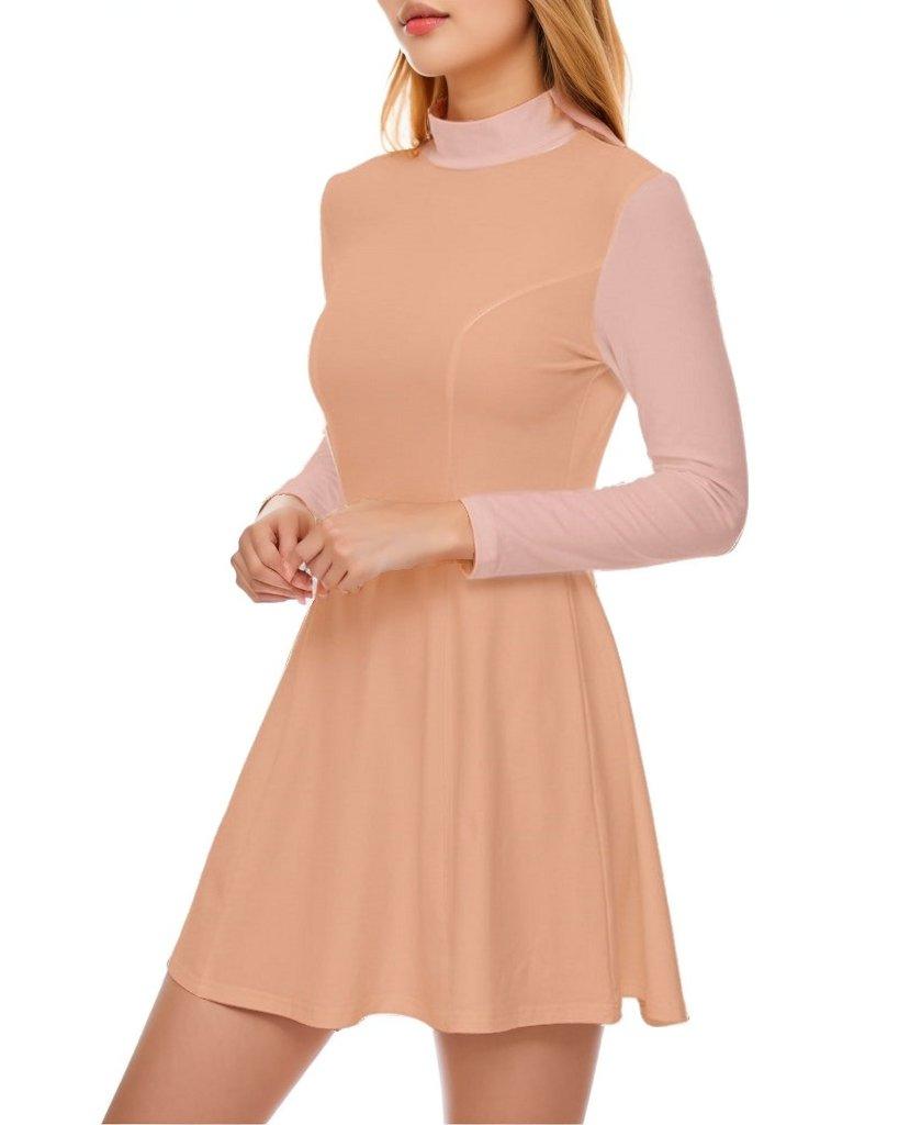 Keki Velour High Neck Long Sleeve Flare Dress - Color Block Retro Orange Pink - Panel Mini Dress