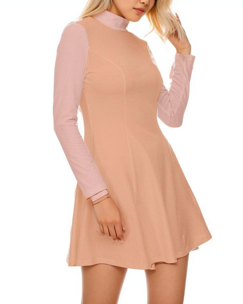 Keki Velour High Neck Long Sleeve Flare Dress - Color Block Retro Orange Pink - Mandarin Neck