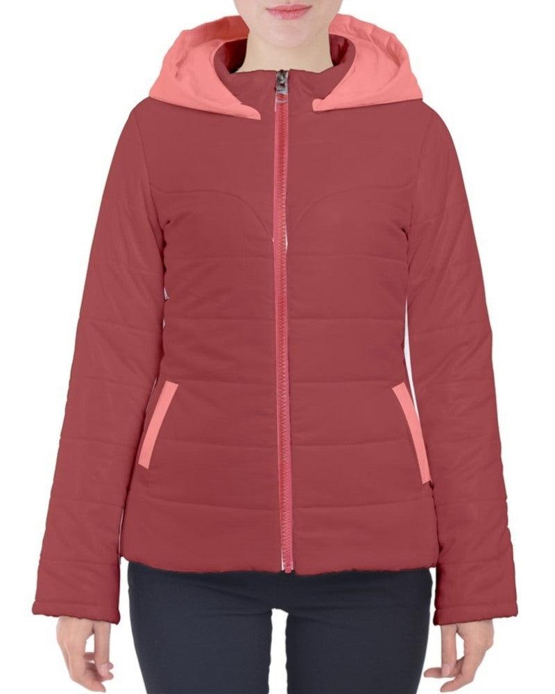 Citra Color Block Women's Red Puffer Hood Jacket - Lightweight Plus Size