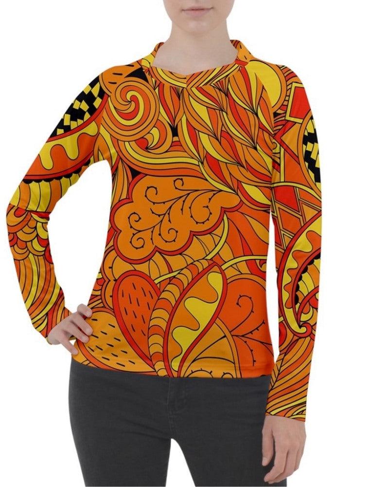 Mandra Pique Long Sleeve Women's Tee - Abstract Orange Paisley Floral Print - Plus Size