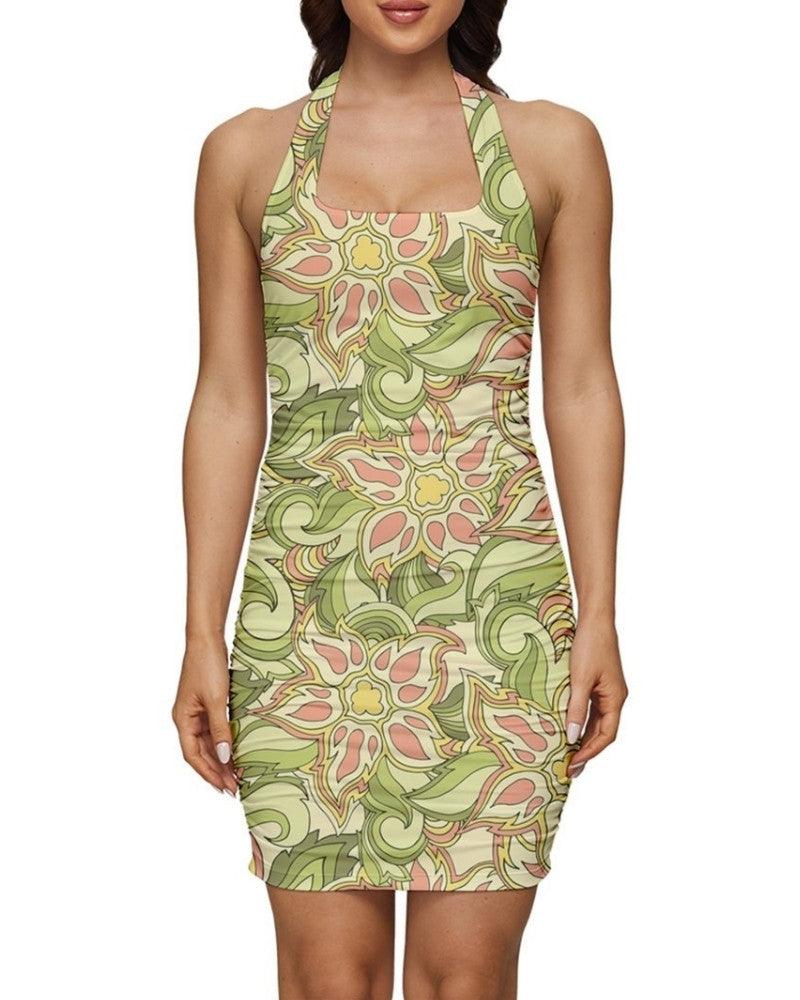 Aloe Ruched Bodycon Mini Dress - Abstract Floral All Over Print - Tie Back - Square Neck - Retro Green Pink Yellow - Plus Size