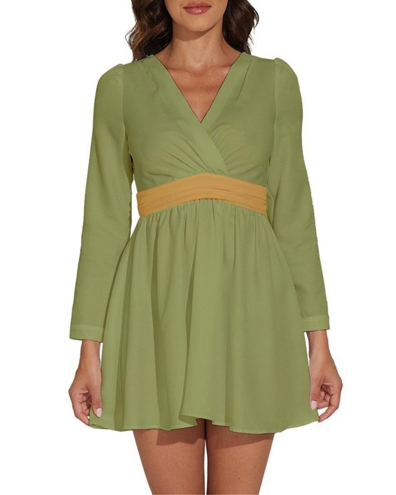 Jana Dark Olive Green Long Sleeve Chiffon V-neck Mini Dress - Yellow Color Block Waistband - Plus Size - Babydoll 70's retro style color