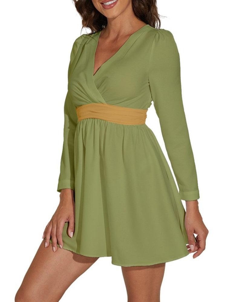 Jana Dark Olive Green Long Sleeve Chiffon V-neck Mini Dress - Yellow Color Block Waistband - Plus Size