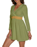 Jana Dark Olive Green Long Sleeve Chiffon V-neck Mini Dress - Yellow Color Block Waistband - Plus Size