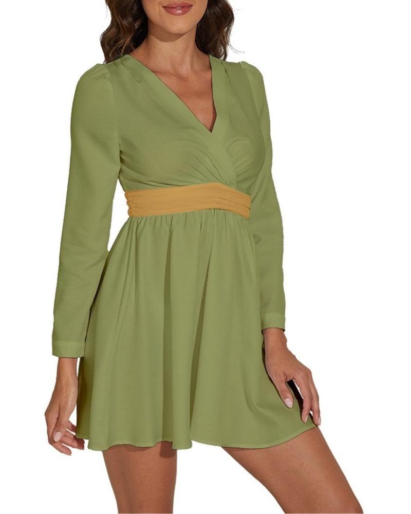 Jana Dark Olive Green Long Sleeve Chiffon V-neck Mini Dress - Yellow Color Block Waistband - Plus Size