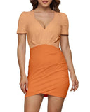 Taki Low Neck Cap Sleeve Mini Dress - Color Block - Orange - Brown - Wrap Skirt Bottom - 2 Color - Plus Size