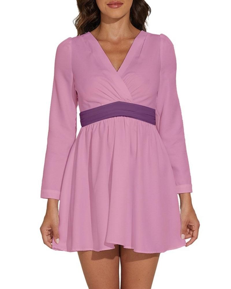 Antina Red Pink Long Sleeve Chiffon V-neck Mini Dress - Violet Color Block Waistband - Plus Size - Babydoll 70's retro style color