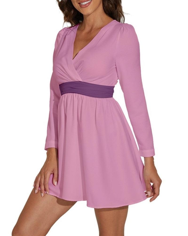 Antina Red Pink Long Sleeve Chiffon V-neck Mini Dress - Violet Color Block Waistband - Plus Size - Babydoll 70's retro style color