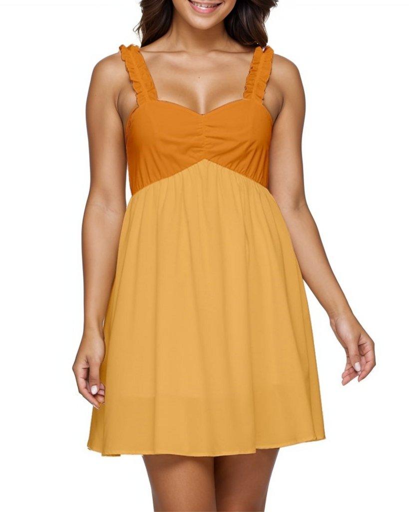 Ame Color Block Babydoll Ruffle Sleeveless Chiffon Mini Dress Orange - Yellow - Retro - 70's - Bold - Vibrant