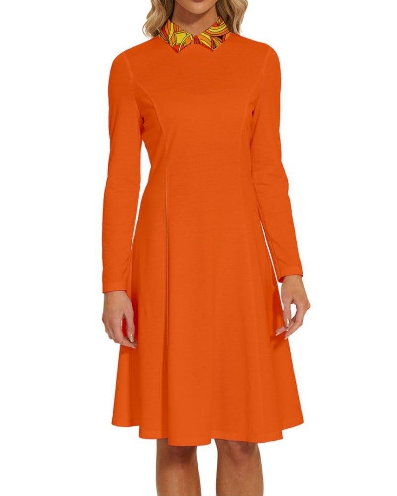Mandra Vermilion Orange Long Sleeve Collar A-line Courtesy Dress Skater Flare Knee Length Bold Vibrant Solid Patterned Collar