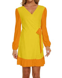 Mandra Color Block Long Sleeve Waist Tie Ruffle Velour Dress Vibrant Yellow Orange Ruffled Hems V-neck Mini