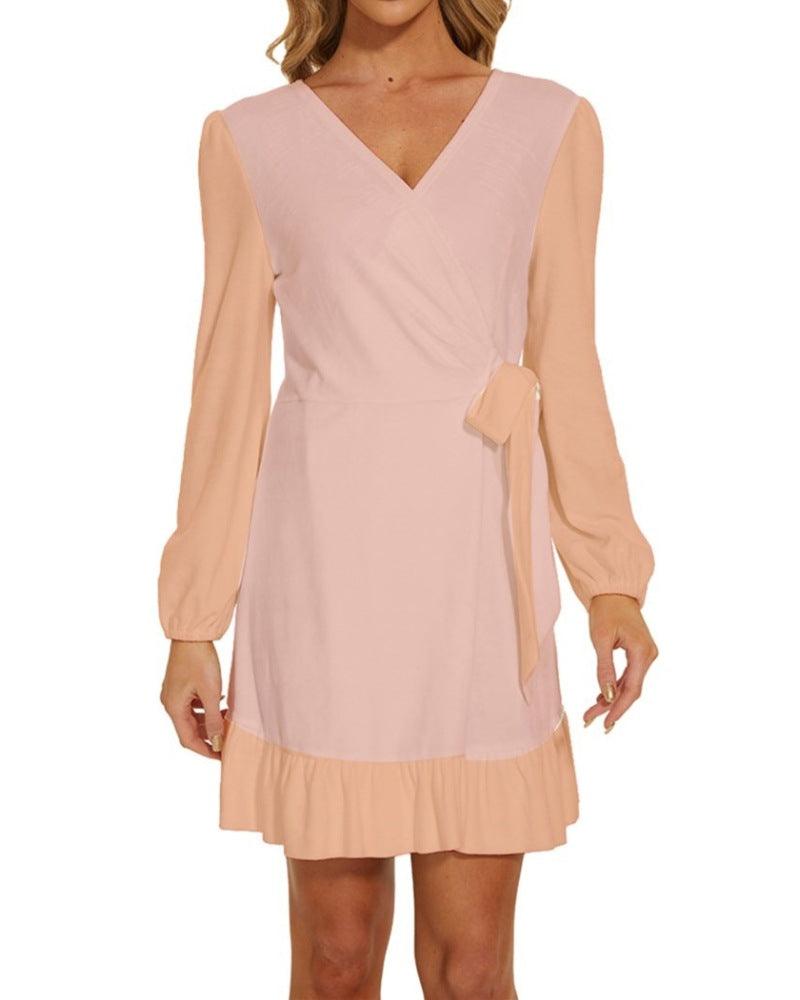 Keki Color Block Long Sleeve Waist Tie Ruffle Velour Mini Dress Ruffled Hems Pink Orange