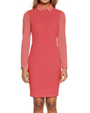 Citra Red Color Block Bodycon Collar Courtesy Dress Long Sleeve Fitted Cocktail Above Knee Two Tone 