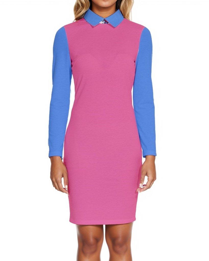 Sechia Hot Pink Blue Color Block Bodycon Collar Courtesy Dress Cocktail Above Knee Collared Long Sleeve Fitted