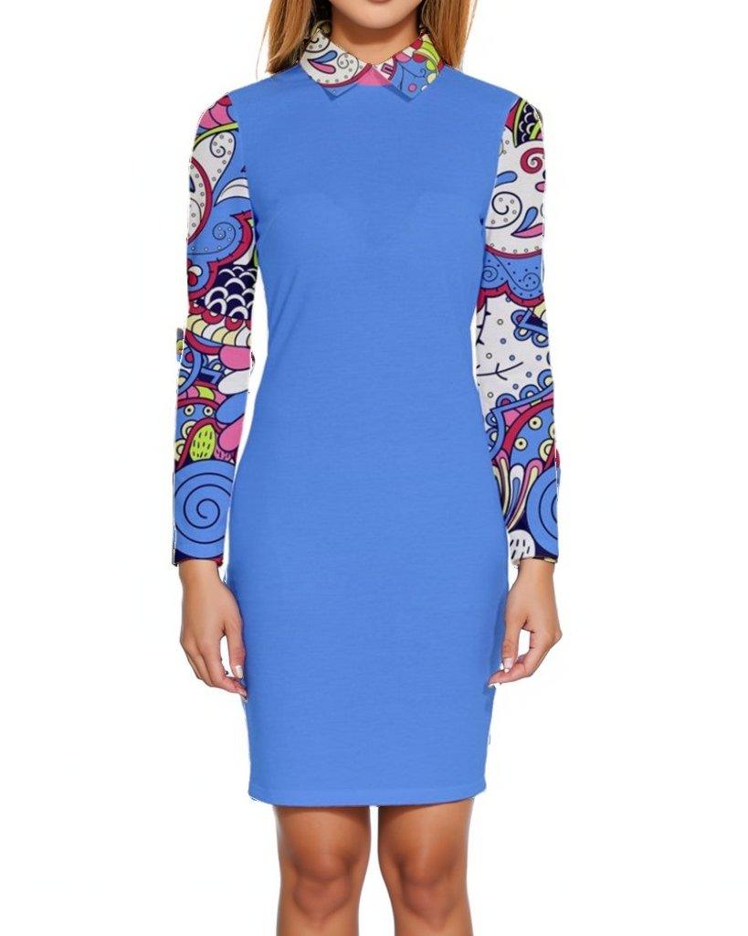 Sechia Bodycon Blue with Long Sleeve Print Collar Courtesy Dress Cocktail Above Knee Retro Boho Floral Vibrant Swirls Paisley Abstract