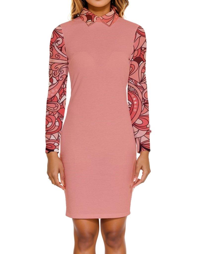 Citra Bodycon Pink Kaleidoscope Print Collar Courtesy Dress Cocktail Above Knee Retro Swirl Floral Long Sleeve