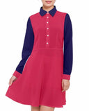 Sechia Blue & Red Color Block Long Sleeve Chiffon Shirt Dress Bold Vibrant two tone collar dress Dark Blue