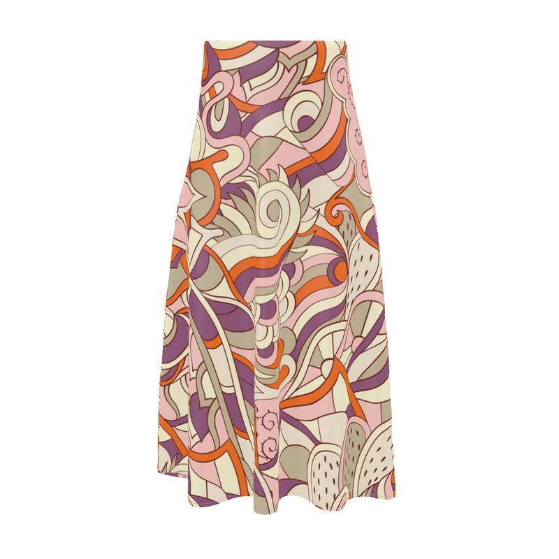 Amai Midi Silk Skirt - Abstract Paisley Print - Retro 70's Boho Skirt  - Swirls Psychedelic Vibrant Violet Orange Pink