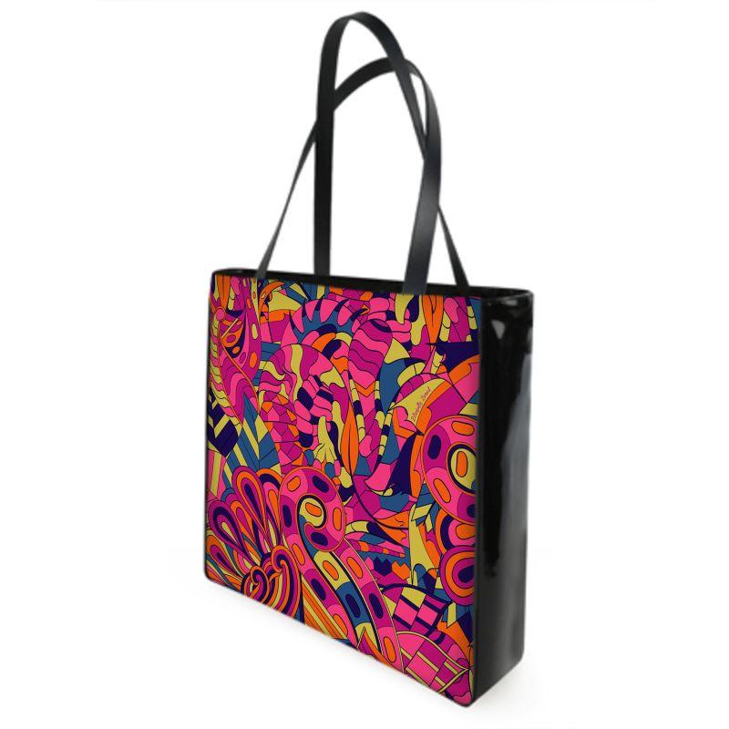 Lina Beach Tote Bag - Pink Orange Psychedelic  Print & Black Patent Vinyl Trim